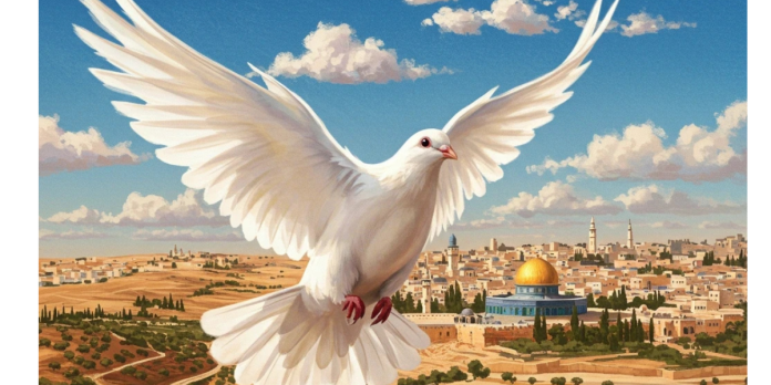 Symbol of hope and peace amid Gaza’s devastation Peace dove flying over Gaza ruins
