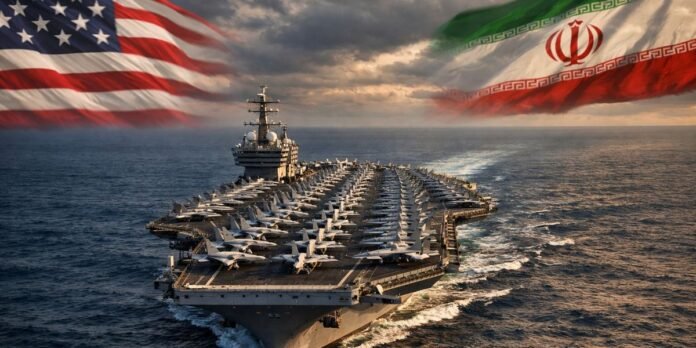 An image of a U.S. aircraft carrier sailing in the Persian Gulf, representing American military power. An image of a U.S. aircraft carrier sailing in the Persian Gulf, representing American military power.
